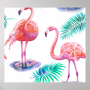 Poster Flamants roses tropicaux : Orchidées Aquarelle tra