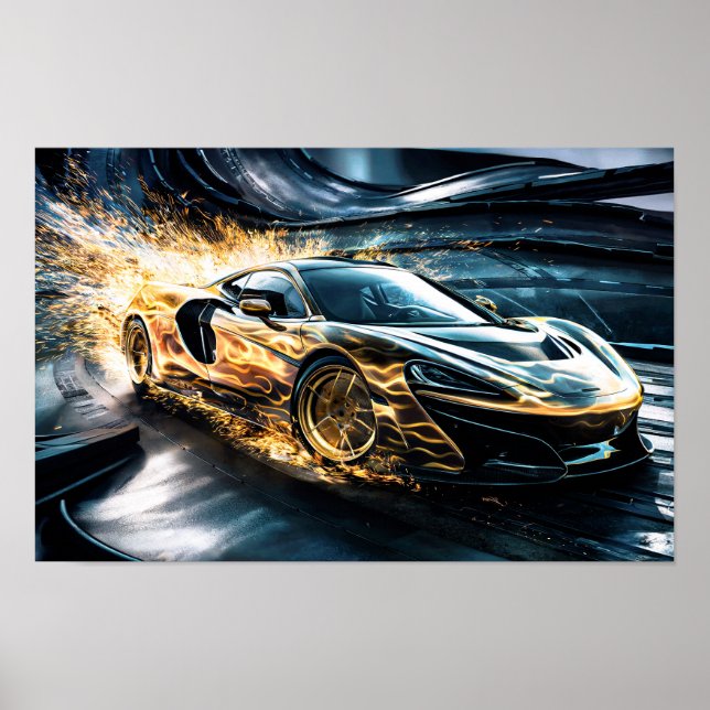 Poster Flame Gold Racing Sports Voiture Drifting #2 (Devant)
