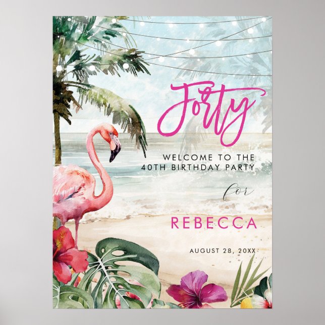 Poster flamingo beach tropical quarante signe de bienvenu (Devant)