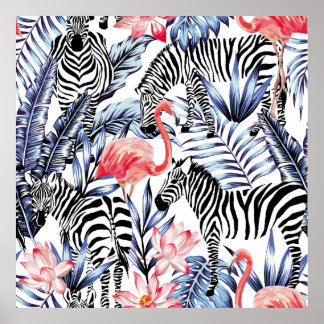 Poster Flamingo rose exotique, zèbre sur l'été arrière - 