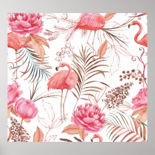 Poster Flamingo rose, motif d'aquarelle de pivoine.