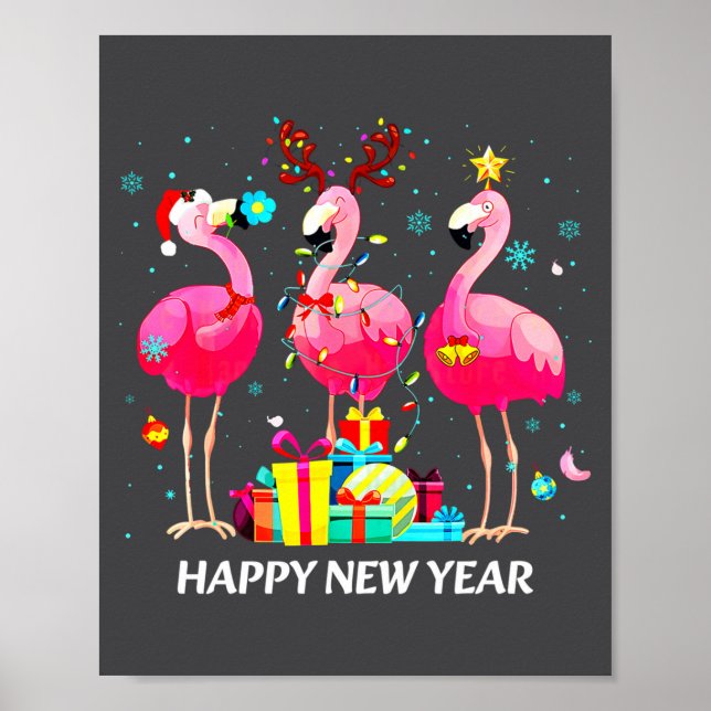 Poster Flamingo Santa Hat Happy New Year Light Long Sleev (Devant)
