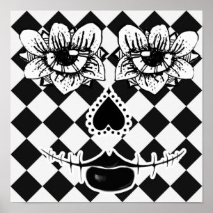 Poster Fleur à Visage Carrelé Ar Surréaliste Noir et Bl