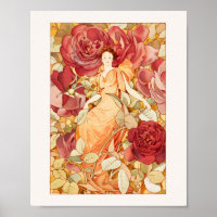 Fleur Art Nouveau Fée avec Roses rouges et oranges