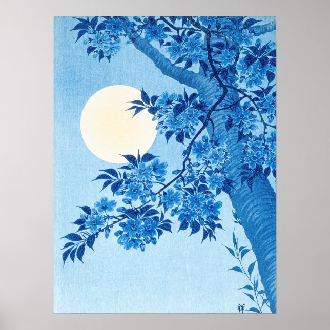 Poster Fleur Cerise Lune Nuit Ohara Koson Blue18 (Devant)