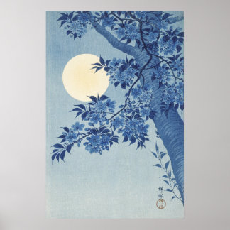Poster Fleur de cerise sur une nuit éclairée par la lune