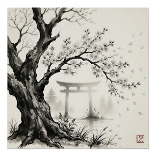 Poster Fleur de cerisier et torii — Encre sumi-e japonais