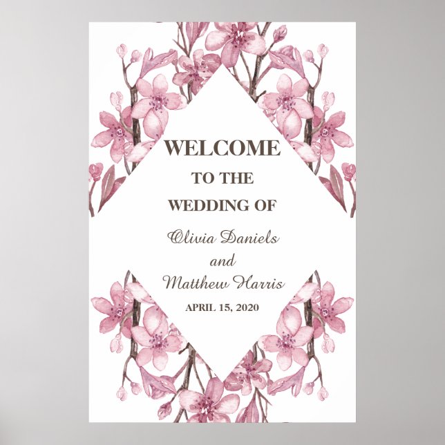 Poster Fleur de cerisier rose printemps. Bienvenue au mar (Devant)