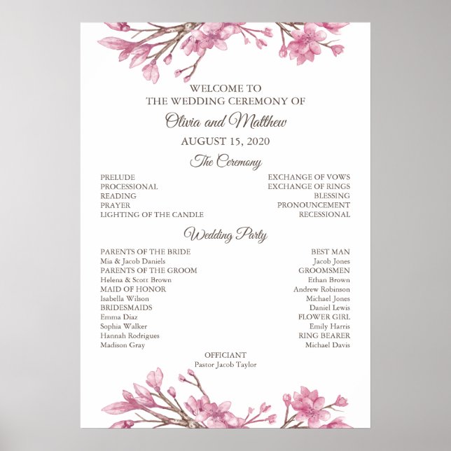 Poster Fleur de cerisier rose. Programme de mariage flora (Devant)