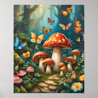 Poster Fleur de champignons magiques de la forêt enchanté