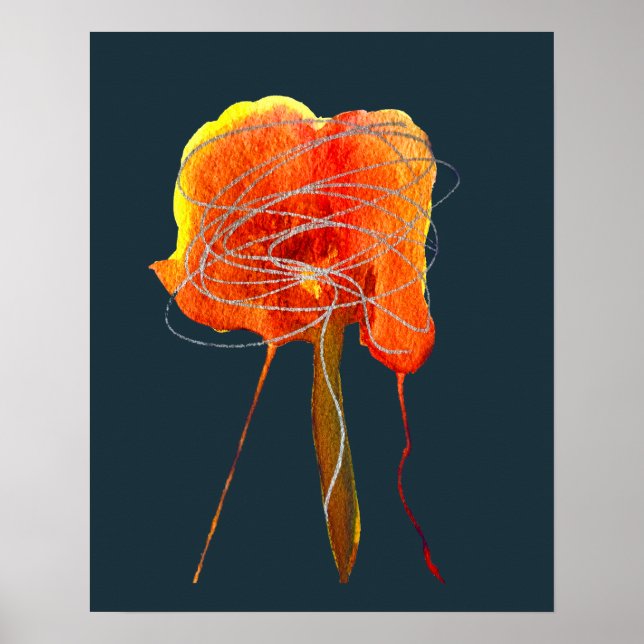 Poster Fleur de gribouillis abstraite aquarelle rouge flo (Devant)