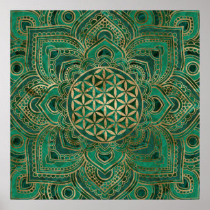 Poster Fleur de la vie dans Lotus - malachite et or