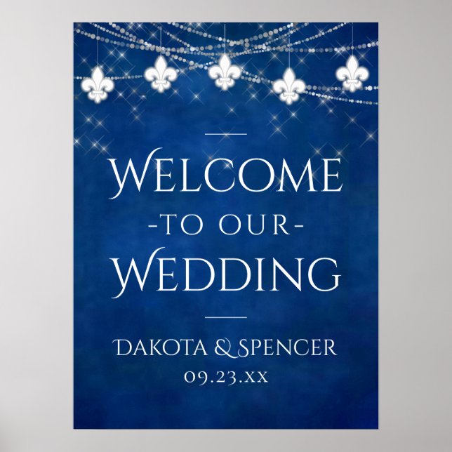 Poster Fleur de Lis Bleu de Cobalt | Bienvenue Mariage (Devant)