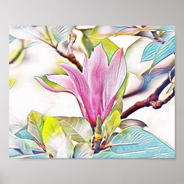 Poster Fleur de magnolia rose aquarelle fond bleu (Devant)