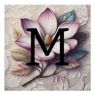 Poster Fleur de magnolia violet rose de dentelle de monog