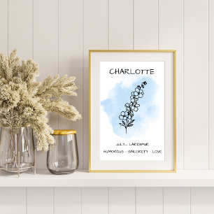 Poster Fleur de naissance d'été Juillet Larkspur bleu Del