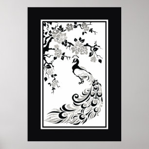 Poster Fleur de paon et de cerisiers en faux argent noir