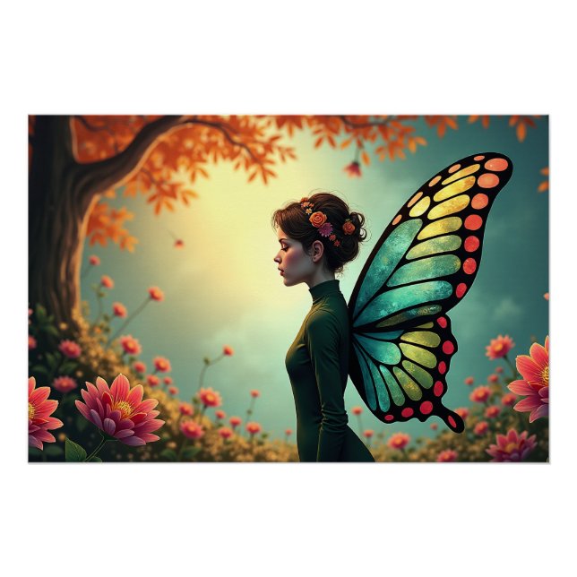 Poster Fleur de papillon - Fée de Whimsical dans un jardi (Devant)