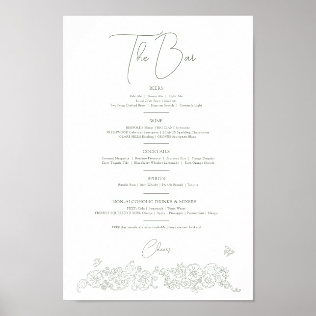 Poster Fleur de printemps blanc mariage menu de boissons (Devant)