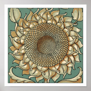 Poster Fleur de tournesol sur Arrière - plan bleu-vert