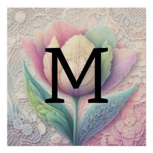 Poster Fleur de tulipe bleu violet rose de dentelle monog