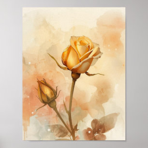 Poster Fleur d'or aquarelle chaude ambre rose dorée