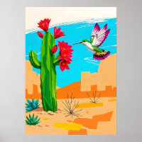 Fleur du désert et colibri - Southwest Pop Art
