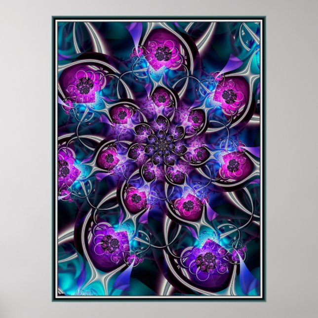Poster Fleur fractale violette et bleue (Devant)