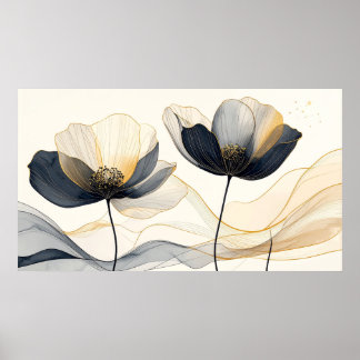 Poster Fleur Indigo Céleste & Or : Moderne Minimaliste F
