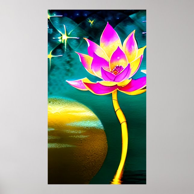 Poster Fleur Lotus d'or rose avec réflexion Pleine lune (Devant)