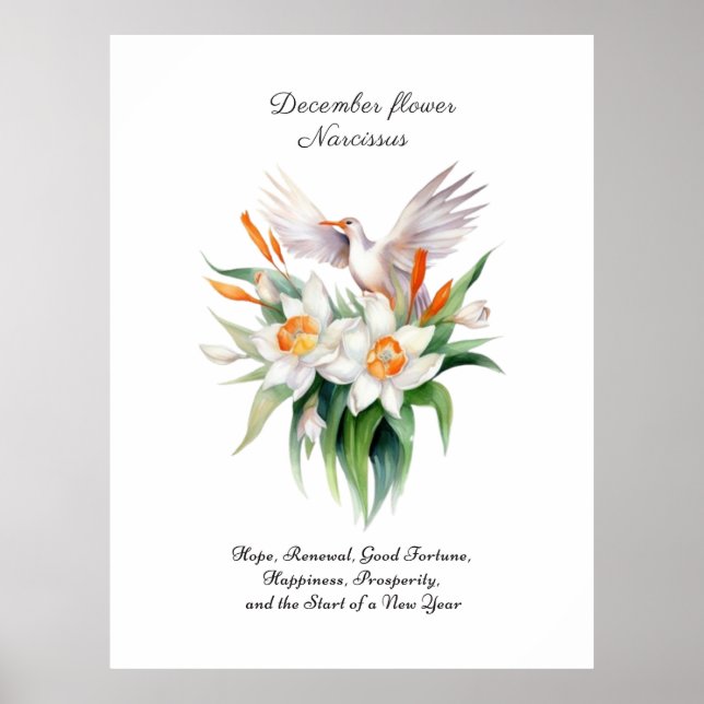 Poster Fleur Narcisse de décembre avec oiseaux floraux (Devant)