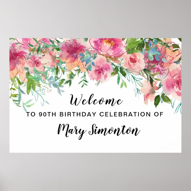 Poster Fleur rose 90e anniversaire Bienvenue (Devant)
