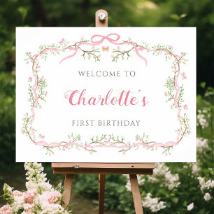 Poster Fleur rose Cadre Floral 1er anniversaire Bienvenue