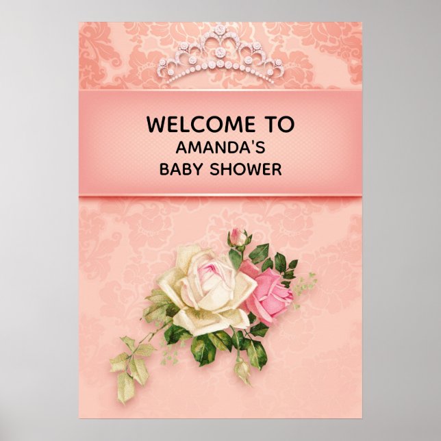 Poster Fleur rose & Diamond Tiara Princess Baby shower (Devant)
