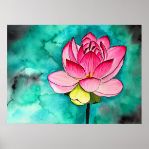 Poster Fleur rose lotus beaux-arts aquarelle