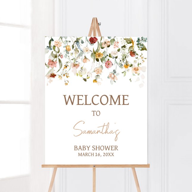 Poster Fleur sauvage Baby in Bloom Baby shower Bienvenue (Boho Spring Floral Baby Shower Welcome Sign)