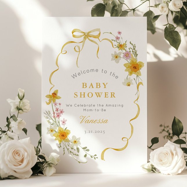 Poster Fleur sauvage Bow cadre Baby shower jaune Accueil (Créateur téléchargé)