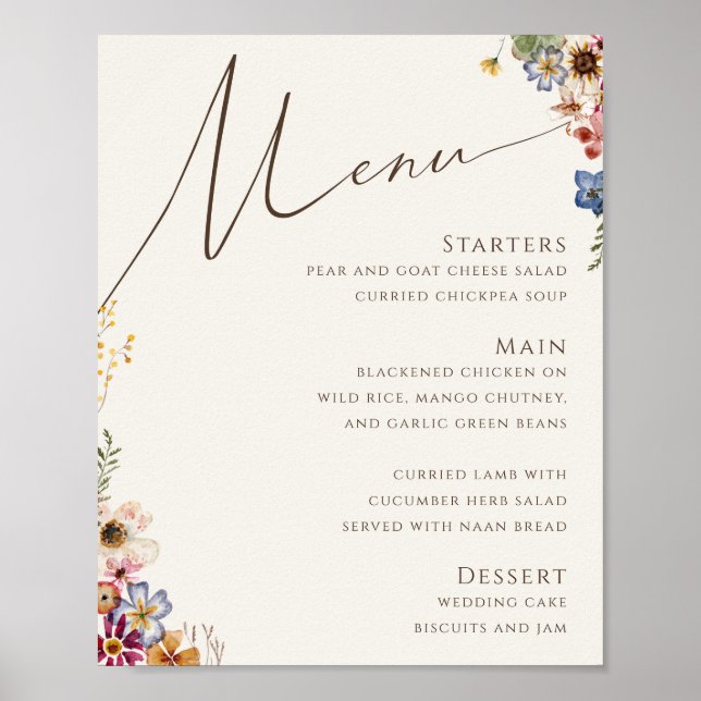 Poster Fleur sauvage coloré | Panneau Menu Mariage beige (Devant)