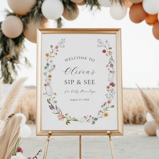 Poster Fleur sauvage et Bouteilles Bébé Sip et voir Bienv (Créateur téléchargé)