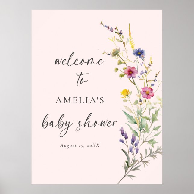 Poster Fleur sauvage Floral Baby shower rose Bienvenue (Devant)