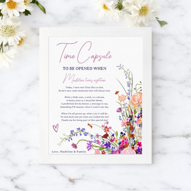 Poster Fleur sauvage moderne capsule de temps 1er anniver (Modern wildflowers 1st birthday time capsule poster)