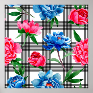 Poster Fleur sauvage rouge et bleu pivoines fleurs motif 