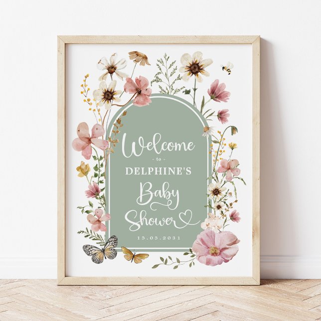 Poster Fleur sauvage Sage Green Boho Baby shower Bienvenu (Créateur téléchargé)