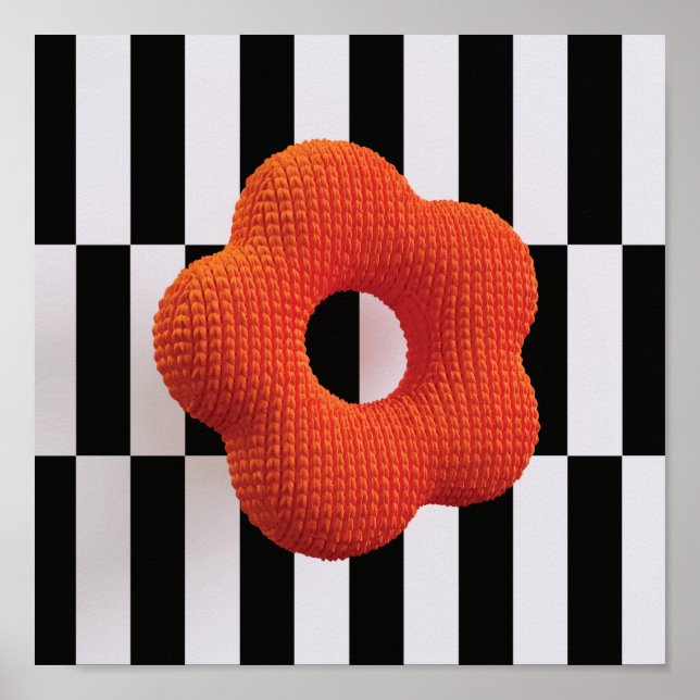 Poster Fleur tricot rétro 3D imprimé art orange, noir&bla (Devant)