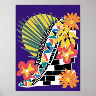 Poster Fleur tropicale audacieuse mosaïque noir blanc sur