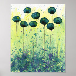 Poster Fleurs à l'aquarelle sarcelle et jaune, Mur modern