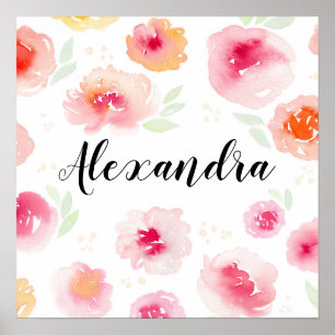 Poster Fleurs Aquarelle Fille Prénom Chambre Enfants Nurs