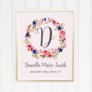 Poster Fleurs Aquarelle Rose Statistiques de Naissance de