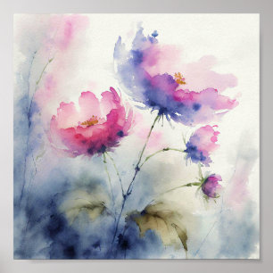 Poster Fleurs aquarelles violettes et roses art