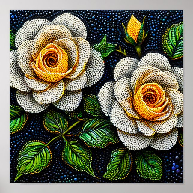 Poster Fleurs blanches Art minimal pointillisme décor (Devant)